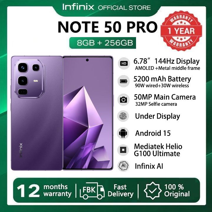 [Limited-time Deal] Infinix Note 50 PRO 256GB+16GB (8+8)GB RAM 6.78" 144Hz Screen Dual SIM Phone 90W 5200mAh 50MP Camera  Android 15 MediaTek Helio G100 Ultimate Metal Middle Frame Smart AI Phones