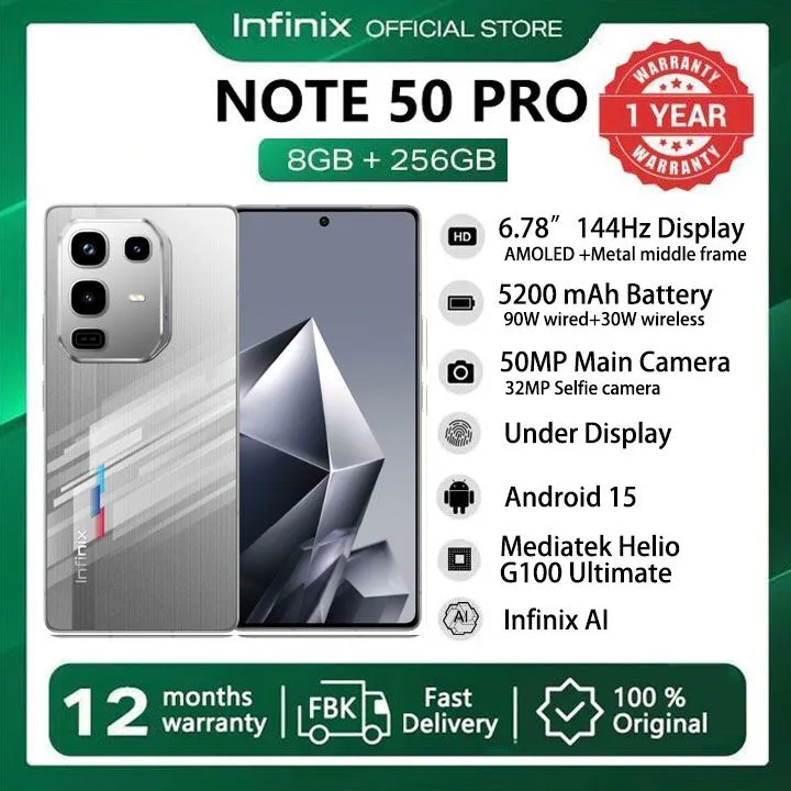 [Limited-time Deal] Infinix Note 50 PRO 256GB+16GB (8+8)GB RAM 6.78" 144Hz Screen Dual SIM Phone 90W 5200mAh 50MP Camera  Android 15 MediaTek Helio G100 Ultimate Metal Middle Frame Smart AI Phones