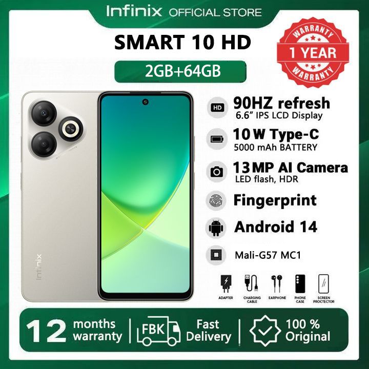 [Super Brand] Infinix Smart 10 HD 4(2+2)GB RAM + 64GB 6.7" 90Hz Brand New Phone Dual SIM 4G 5000mAh Battery With Type-C Charging 13MP Camera G81 Fingerprint Lock Android 14 Smart Phones