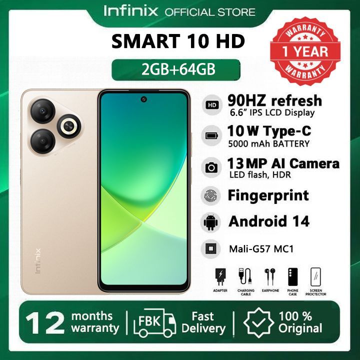 [Super Brand] Infinix Smart 10 HD 4(2+2)GB RAM + 64GB 6.7" 90Hz Brand New Phone Dual SIM 4G 5000mAh Battery With Type-C Charging 13MP Camera G81 Fingerprint Lock Android 14 Smart Phones