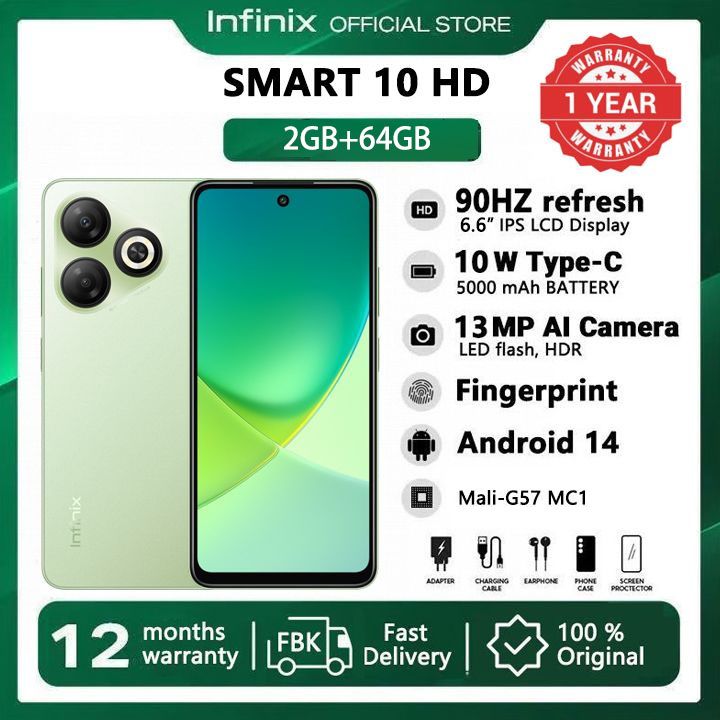 [Super Brand] Infinix Smart 10 HD 4(2+2)GB RAM + 64GB 6.7" 90Hz Brand New Phone Dual SIM 4G 5000mAh Battery With Type-C Charging 13MP Camera G81 Fingerprint Lock Android 14 Smart Phones
