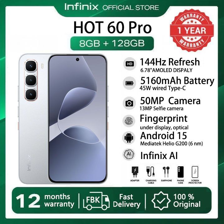 [New arrivals] Infinix Hot 60 Pro 128GB+16(8+8)GB 6.78" 144Hz Screen 4G Phone Dual SIM 5160mAh Battery 45W Charging 50MP Camera Fingerprint Lock Android 15 G200 Smart AI Phones