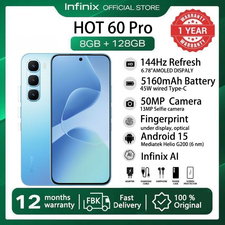 [New arrivals] Infinix Hot 60 Pro 128GB+16(8+8)GB 6.78" 144Hz Screen 4G Phone Dual SIM 5160mAh Battery 45W Charging 50MP Camera Fingerprint Lock Android 15 G200 Smart AI Phones