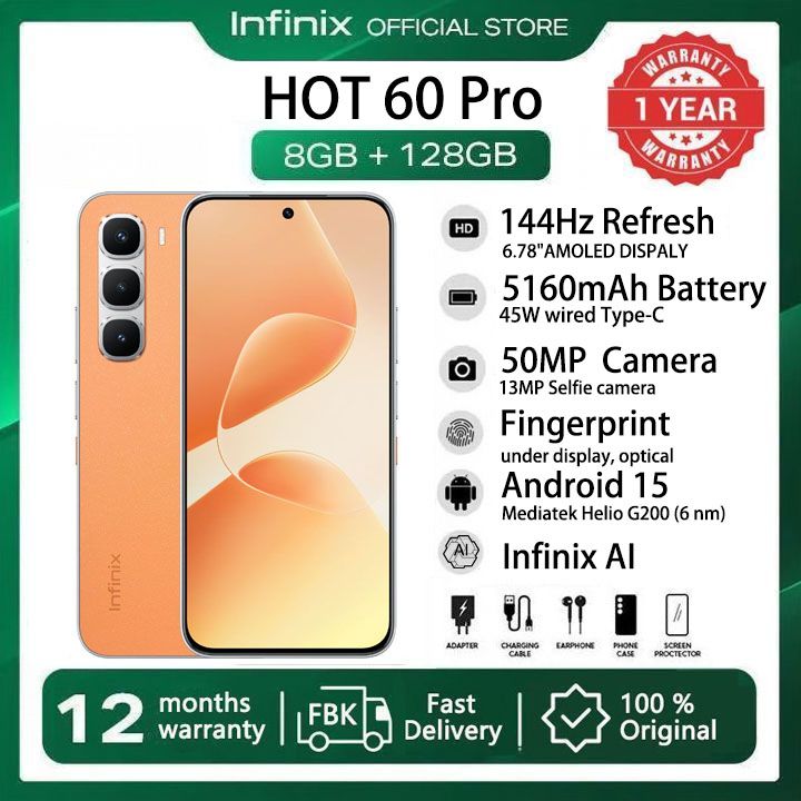 [New arrivals] Infinix Hot 60 Pro 128GB+16(8+8)GB 6.78" 144Hz Screen 4G Phone Dual SIM 5160mAh Battery 45W Charging 50MP Camera Fingerprint Lock Android 15 G200 Smart AI Phones