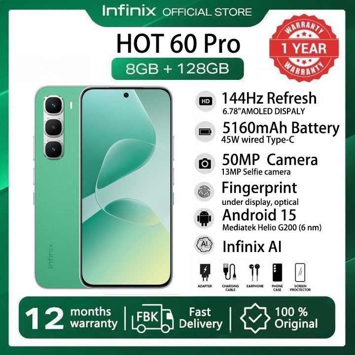 [New arrivals] Infinix Hot 60 Pro 128GB+16(8+8)GB 6.78" 144Hz Screen 4G Phone Dual SIM 5160mAh Battery 45W Charging 50MP Camera Fingerprint Lock Android 15 G200 Smart AI Phones