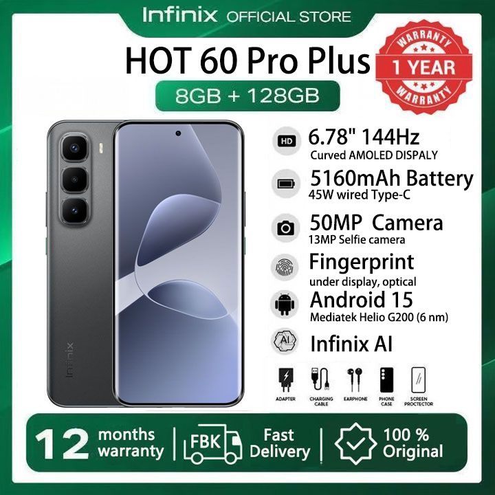 [New Arrivals] Infinix Hot 60 Pro Plus 128GB+16(8+8)GB 6.78" Curved Screen 144Hz 4G Phone Dual SIM 5160mAh Battery 45W Charging 50MP Camera JBL Fingerprint Lock Android 15 G200 Smart AI Phones