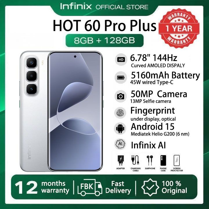 [New Arrivals] Infinix Hot 60 Pro Plus 128GB+16(8+8)GB 6.78" Curved Screen 144Hz 4G Phone Dual SIM 5160mAh Battery 45W Charging 50MP Camera JBL Fingerprint Lock Android 15 G200 Smart AI Phones