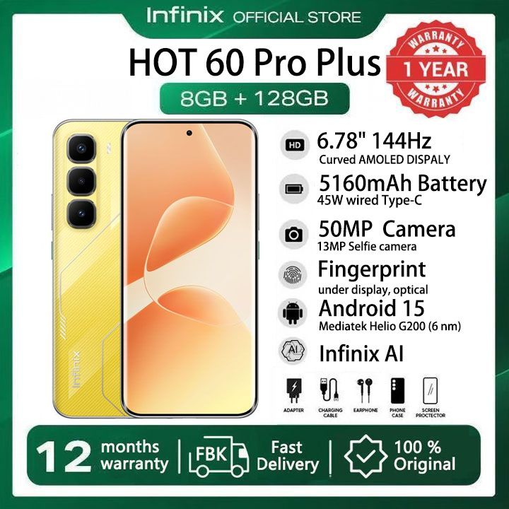 [New Arrivals] Infinix Hot 60 Pro Plus 128GB+16(8+8)GB 6.78" Curved Screen 144Hz 4G Phone Dual SIM 5160mAh Battery 45W Charging 50MP Camera JBL Fingerprint Lock Android 15 G200 Smart AI Phones