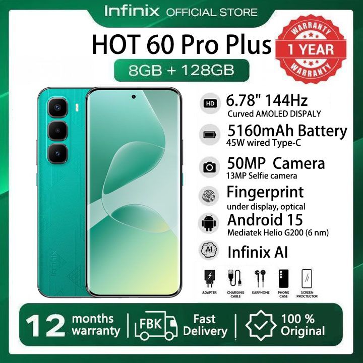 [New Arrivals] Infinix Hot 60 Pro Plus 128GB+16(8+8)GB 6.78" Curved Screen 144Hz 4G Phone Dual SIM 5160mAh Battery 45W Charging 50MP Camera JBL Fingerprint Lock Android 15 G200 Smart AI Phones