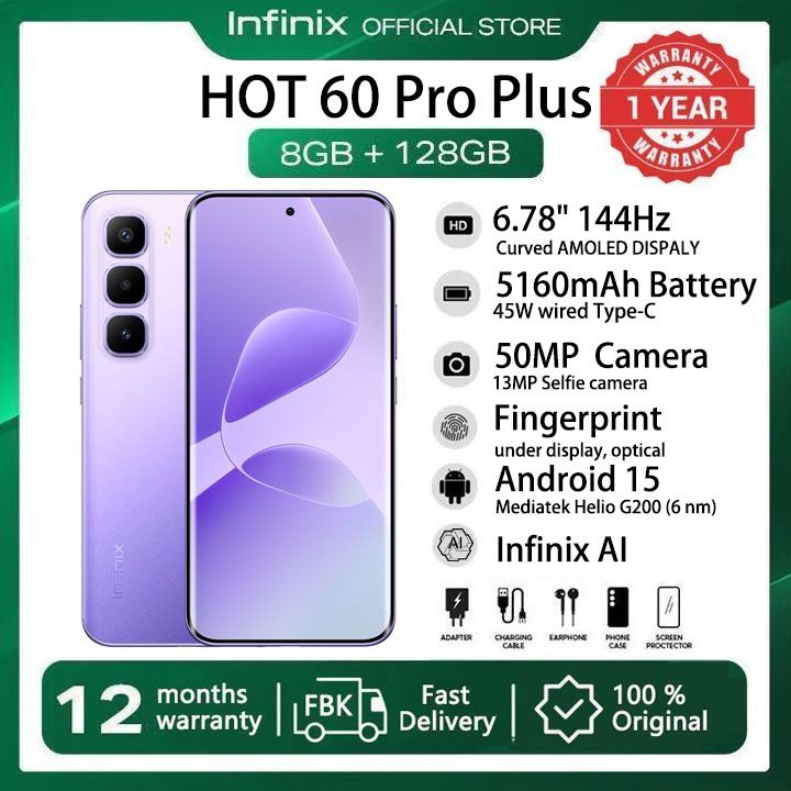 [New Arrivals] Infinix Hot 60 Pro Plus 128GB+16(8+8)GB 6.78" Curved Screen 144Hz 4G Phone Dual SIM 5160mAh Battery 45W Charging 50MP Camera JBL Fingerprint Lock Android 15 G200 Smart AI Phones