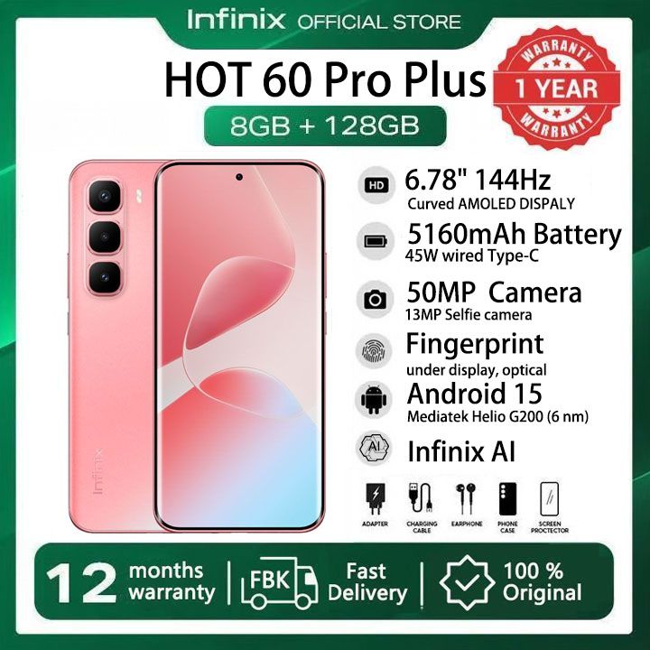[New Arrivals] Infinix Hot 60 Pro Plus 128GB+16(8+8)GB 6.78" Curved Screen 144Hz 4G Phone Dual SIM 5160mAh Battery 45W Charging 50MP Camera JBL Fingerprint Lock Android 15 G200 Smart AI Phones