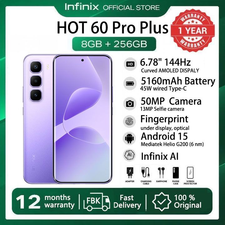 [New Arrivals] Infinix Hot 60 Pro Plus 256GB+16(8+8)GB 6.78" Curved Screen 144Hz 4G Phone Dual SIM 45W 5160mAh Battery 50MP Camera JBL Fingerprint Lock Android 15 G200 Hot 60 Pro+ Smart AI Phones