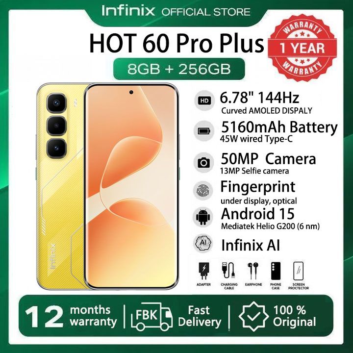 [New Arrivals] Infinix Hot 60 Pro Plus 256GB+16(8+8)GB 6.78" Curved Screen 144Hz 4G Phone Dual SIM 45W 5160mAh Battery 50MP Camera JBL Fingerprint Lock Android 15 G200 Hot 60 Pro+ Smart AI Phones