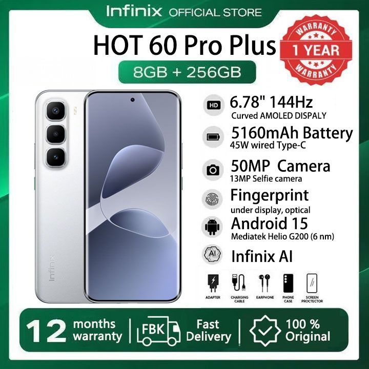 [New Arrivals] Infinix Hot 60 Pro Plus 256GB+16(8+8)GB 6.78" Curved Screen 144Hz 4G Phone Dual SIM 45W 5160mAh Battery 50MP Camera JBL Fingerprint Lock Android 15 G200 Hot 60 Pro+ Smart AI Phones