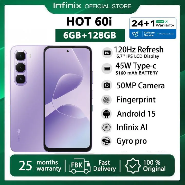 [Super Brand] Infinix Hot 60i 128GB+12(6+6)GB 6.7" 120Hz 4G Slim Phone Dual SIM 5160mAh 45W Fast Charging 50MP Camera IP64 Fingerprint Lock Gyro pro G81 Ultimate Smart AI Phones 25-Month Warranty