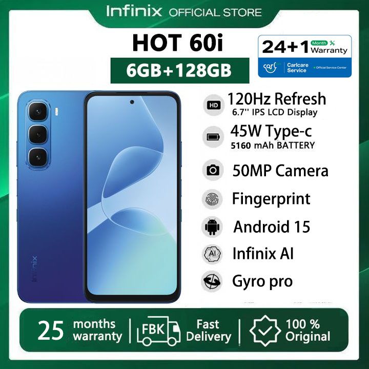 [Super Brand] Infinix Hot 60i 128GB+12(6+6)GB 6.7" 120Hz 4G Slim Phone Dual SIM 5160mAh 45W Fast Charging 50MP Camera IP64 Fingerprint Lock Gyro pro G81 Ultimate Smart AI Phones 25-Month Warranty