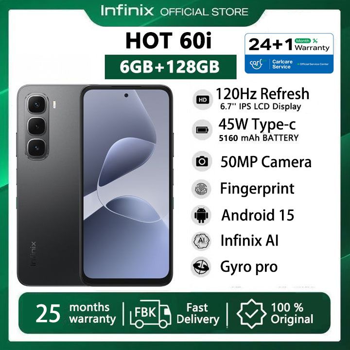[Super Brand] Infinix Hot 60i 128GB+12(6+6)GB 6.7" 120Hz 4G Slim Phone Dual SIM 5160mAh 45W Fast Charging 50MP Camera IP64 Fingerprint Lock Gyro pro G81 Ultimate Smart AI Phones 25-Month Warranty