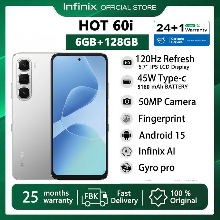 [Super Brand] Infinix Hot 60i 128GB+12(6+6)GB 6.7" 120Hz 4G Slim Phone Dual SIM 5160mAh 45W Fast Charging 50MP Camera IP64 Fingerprint Lock Gyro pro G81 Ultimate Smart AI Phones 25-Month Warranty