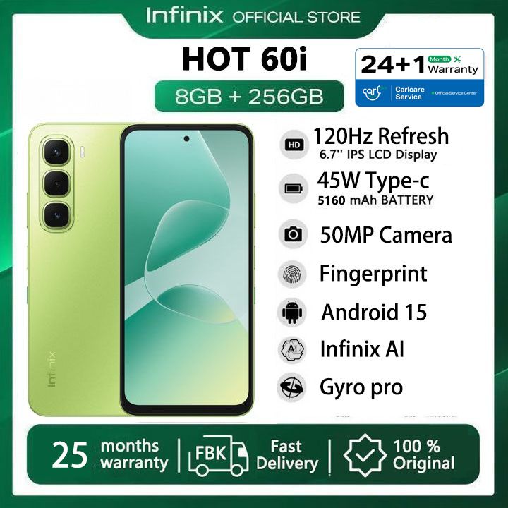 [Super Brand] Infinix Hot 60i 256GB+16(8+8)GB 6.7" 120Hz 4G Slim Phone Dual SIM 5160mAh 45W Fast Charging 50MP Camera Fingerprint Lock IP64 Gyro pro G81 Ultimate Smart AI Phones With 25-Month Warranty