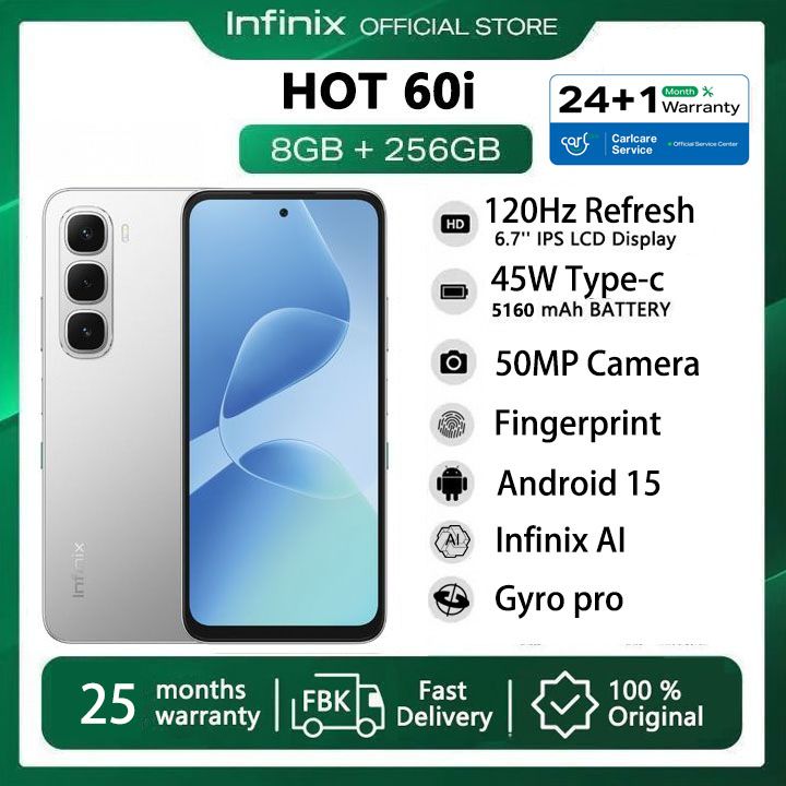 [Super Brand] Infinix Hot 60i 256GB+16(8+8)GB 6.7" 120Hz 4G Slim Phone Dual SIM 5160mAh 45W Fast Charging 50MP Camera Fingerprint Lock IP64 Gyro pro G81 Ultimate Smart AI Phones With 25-Month Warranty