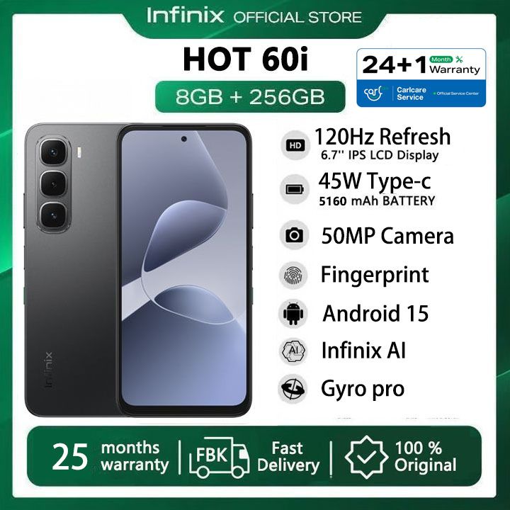 [Super Brand] Infinix Hot 60i 256GB+16(8+8)GB 6.7" 120Hz 4G Slim Phone Dual SIM 5160mAh 45W Fast Charging 50MP Camera Fingerprint Lock IP64 Gyro pro G81 Ultimate Smart AI Phones With 25-Month Warranty