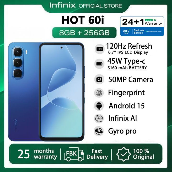 [Super Brand] Infinix Hot 60i 256GB+16(8+8)GB 6.7" 120Hz 4G Slim Phone Dual SIM 5160mAh 45W Fast Charging 50MP Camera Fingerprint Lock IP64 Gyro pro G81 Ultimate Smart AI Phones With 25-Month Warranty