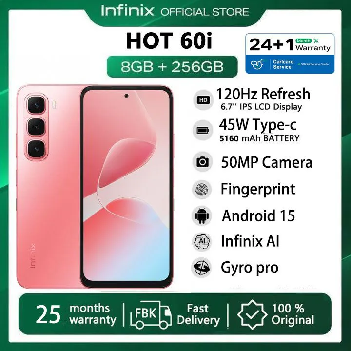 [Super Brand] Infinix Hot 60i 256GB+16(8+8)GB 6.7" 120Hz 4G Slim Phone Dual SIM 5160mAh 45W Fast Charging 50MP Camera Fingerprint Lock IP64 Gyro pro G81 Ultimate Smart AI Phones With 25-Month Warranty