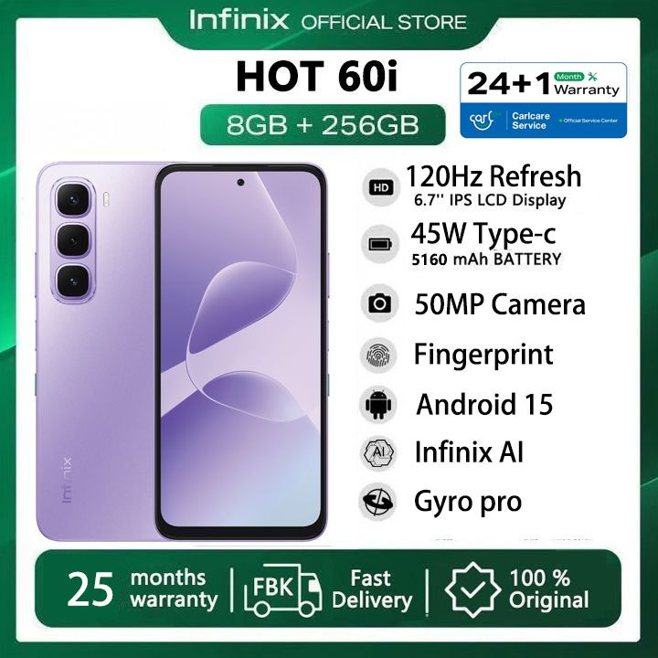 [Super Brand] Infinix Hot 60i 256GB+16(8+8)GB 6.7" 120Hz 4G Slim Phone Dual SIM 5160mAh 45W Fast Charging 50MP Camera Fingerprint Lock IP64 Gyro pro G81 Ultimate Smart AI Phones With 25-Month Warranty
