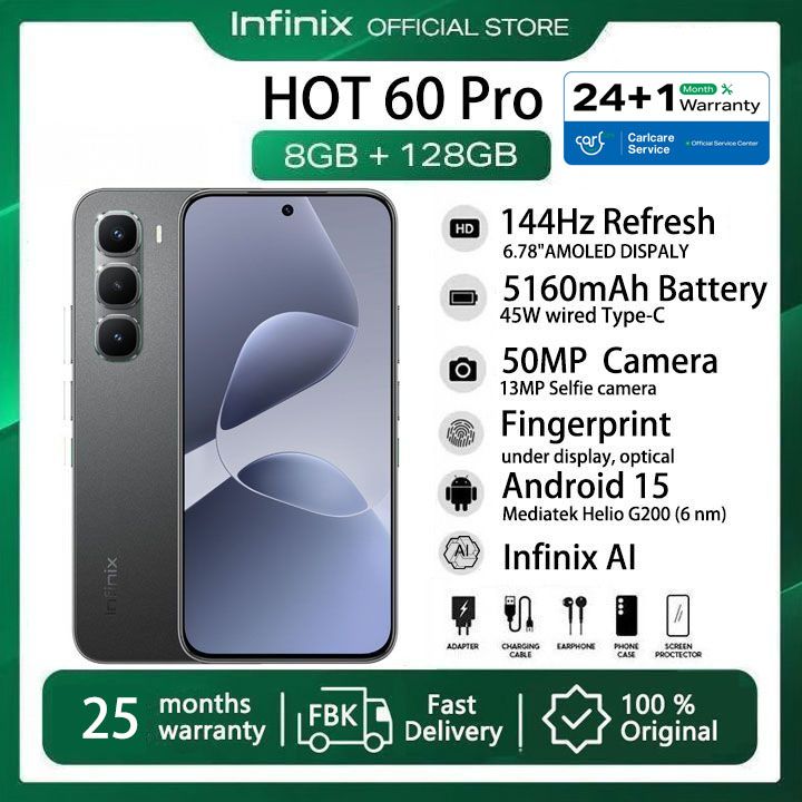 [25-Month Warranty] Infinix Hot 60 Pro 128GB+16(8+8)GB 6.78" 144Hz Screen 4G Slim Phone Dual SIM 5160mAh 45W Fast Charging 50MP Camera Fingerprint Lock NFC MTK Helio G200 One-Tap AI Smart Phones