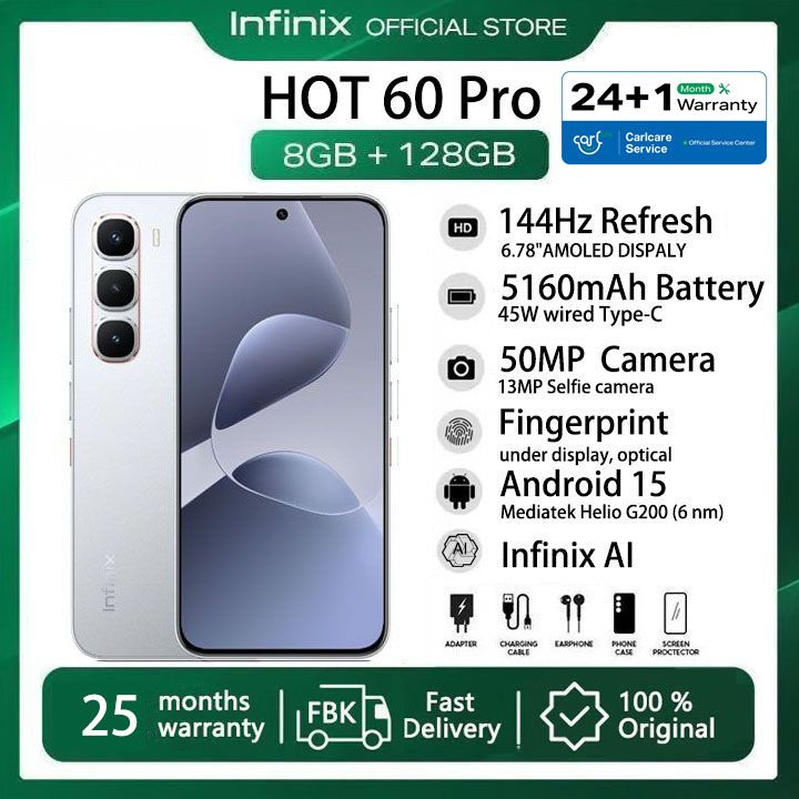[25-Month Warranty] Infinix Hot 60 Pro 128GB+16(8+8)GB 6.78" 144Hz Screen 4G Slim Phone Dual SIM 5160mAh 45W Fast Charging 50MP Camera Fingerprint Lock NFC MTK Helio G200 One-Tap AI Smart Phones