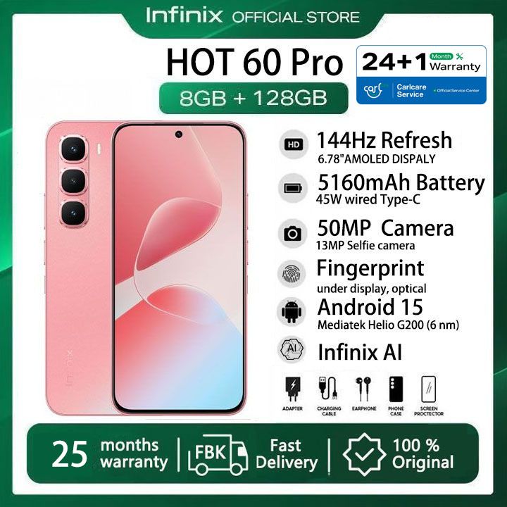 [25-Month Warranty] Infinix Hot 60 Pro 128GB+16(8+8)GB 6.78" 144Hz Screen 4G Slim Phone Dual SIM 5160mAh 45W Fast Charging 50MP Camera Fingerprint Lock NFC MTK Helio G200 One-Tap AI Smart Phones