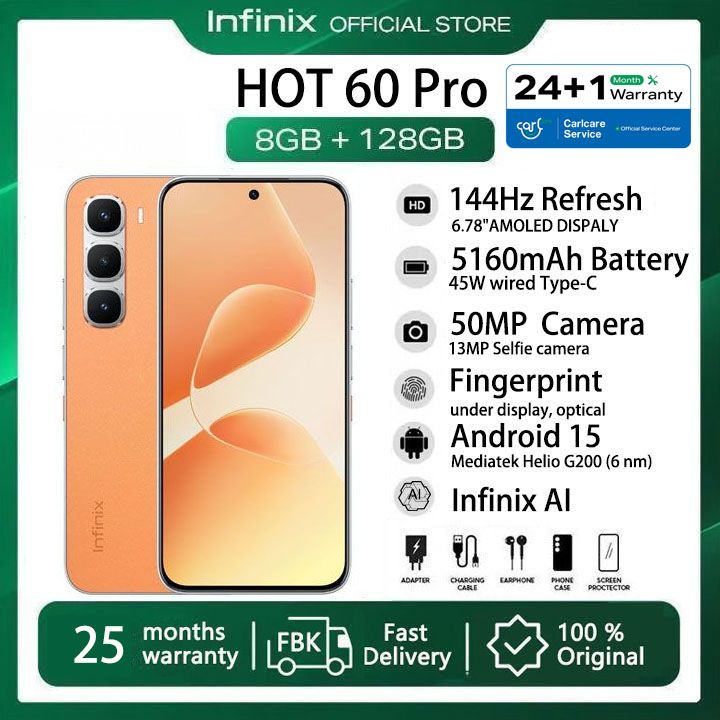 [25-Month Warranty] Infinix Hot 60 Pro 128GB+16(8+8)GB 6.78" 144Hz Screen 4G Slim Phone Dual SIM 5160mAh 45W Fast Charging 50MP Camera Fingerprint Lock NFC MTK Helio G200 One-Tap AI Smart Phones