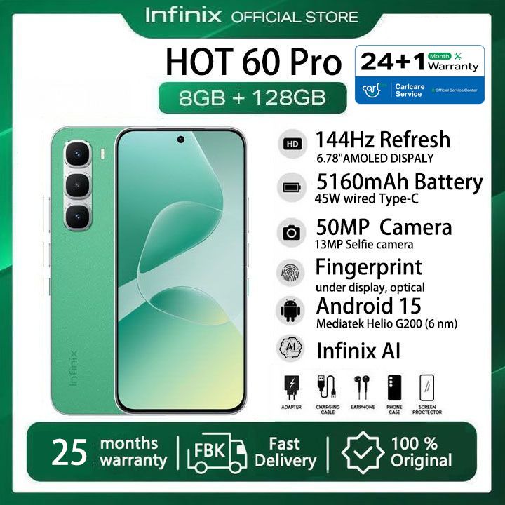 [25-Month Warranty] Infinix Hot 60 Pro 128GB+16(8+8)GB 6.78" 144Hz Screen 4G Slim Phone Dual SIM 5160mAh 45W Fast Charging 50MP Camera Fingerprint Lock NFC MTK Helio G200 One-Tap AI Smart Phones