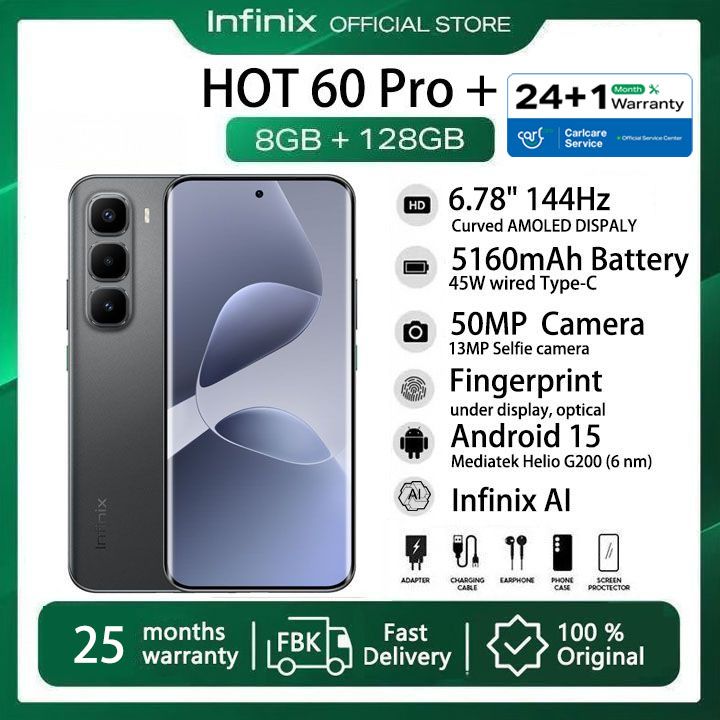 [25-Month Warranty] Infinix Hot 60 Pro Plus 128GB+16(8+8)GB 6.78" 144Hz Curved Screen Dual SIM 4G Slim Phone 45W 5160mAh Battery 50MP Camera NFC JBL Helio G200 Hot 60 Pro+ Gyro pro Smart AI Phones