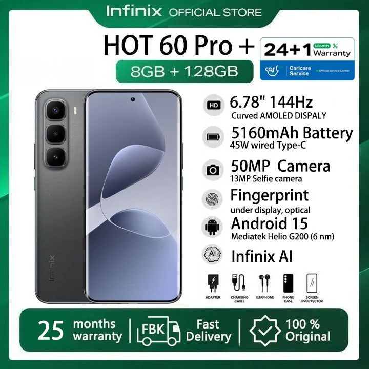 [25-Month Warranty] Infinix Hot 60 Pro Plus 128GB+16(8+8)GB 6.78" 144Hz Curved Screen Dual SIM 4G Slim Phone 45W 5160mAh Battery 50MP Camera NFC JBL Helio G200 Hot 60 Pro+ Gyro pro Smart AI Phones