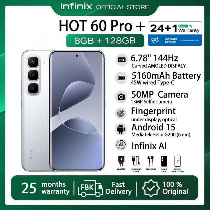 [25-Month Warranty] Infinix Hot 60 Pro Plus 128GB+16(8+8)GB 6.78" 144Hz Curved Screen Dual SIM 4G Slim Phone 45W 5160mAh Battery 50MP Camera NFC JBL Helio G200 Hot 60 Pro+ Gyro pro Smart AI Phones