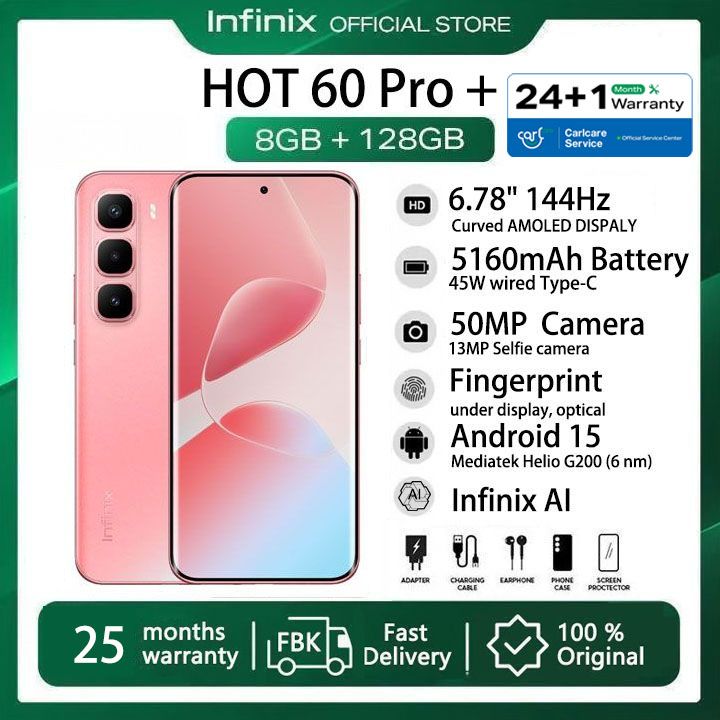 [25-Month Warranty] Infinix Hot 60 Pro Plus 128GB+16(8+8)GB 6.78" 144Hz Curved Screen Dual SIM 4G Slim Phone 45W 5160mAh Battery 50MP Camera NFC JBL Helio G200 Hot 60 Pro+ Gyro pro Smart AI Phones