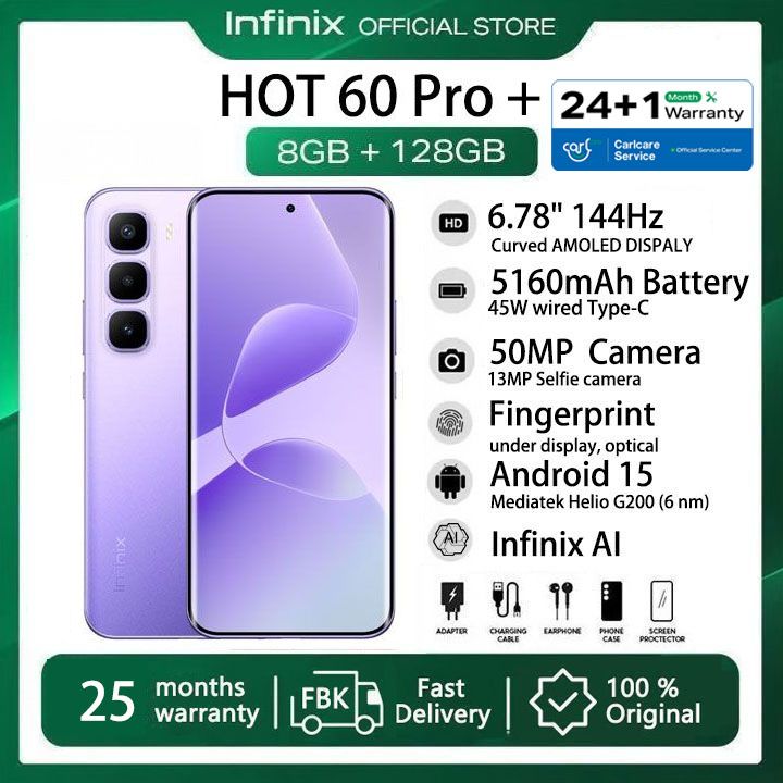 [25-Month Warranty] Infinix Hot 60 Pro Plus 128GB+16(8+8)GB 6.78" 144Hz Curved Screen Dual SIM 4G Slim Phone 45W 5160mAh Battery 50MP Camera NFC JBL Helio G200 Hot 60 Pro+ Gyro pro Smart AI Phones