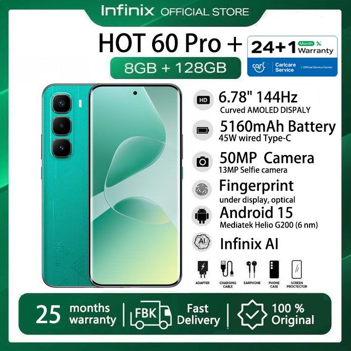 [25-Month Warranty] Infinix Hot 60 Pro Plus 128GB+16(8+8)GB 6.78" 144Hz Curved Screen Dual SIM 4G Slim Phone 45W 5160mAh Battery 50MP Camera NFC JBL Helio G200 Hot 60 Pro+ Gyro pro Smart AI Phones