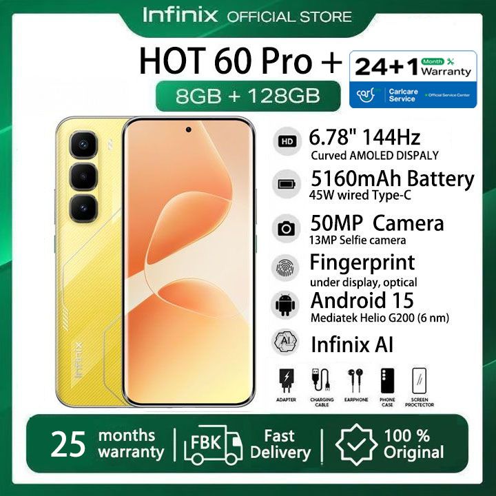 [25-Month Warranty] Infinix Hot 60 Pro Plus 128GB+16(8+8)GB 6.78" 144Hz Curved Screen Dual SIM 4G Slim Phone 45W 5160mAh Battery 50MP Camera NFC JBL Helio G200 Hot 60 Pro+ Gyro pro Smart AI Phones