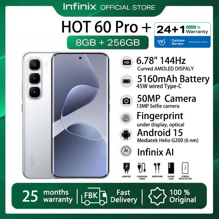 [25-Month Warranty] Infinix Hot 60 Pro Plus 256GB+16(8+8)GB 6.78" 144Hz Curved Screen Dual SIM 4G Slim Phone 45W 5160mAh Battery 50MP Camera IP64 JBL MTK Helio G200 Hot 60 Pro+ Smart AI Phones