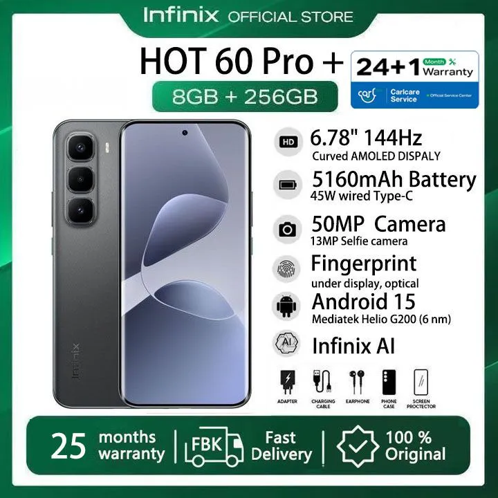 [25-Month Warranty] Infinix Hot 60 Pro Plus 256GB+16(8+8)GB 6.78" 144Hz Curved Screen Dual SIM 4G Slim Phone 45W 5160mAh Battery 50MP Camera IP64 JBL MTK Helio G200 Hot 60 Pro+ Smart AI Phones