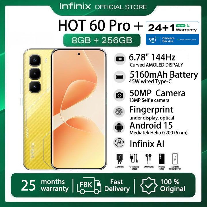 [25-Month Warranty] Infinix Hot 60 Pro Plus 256GB+16(8+8)GB 6.78" 144Hz Curved Screen Dual SIM 4G Slim Phone 45W 5160mAh Battery 50MP Camera IP64 JBL MTK Helio G200 Hot 60 Pro+ Smart AI Phones