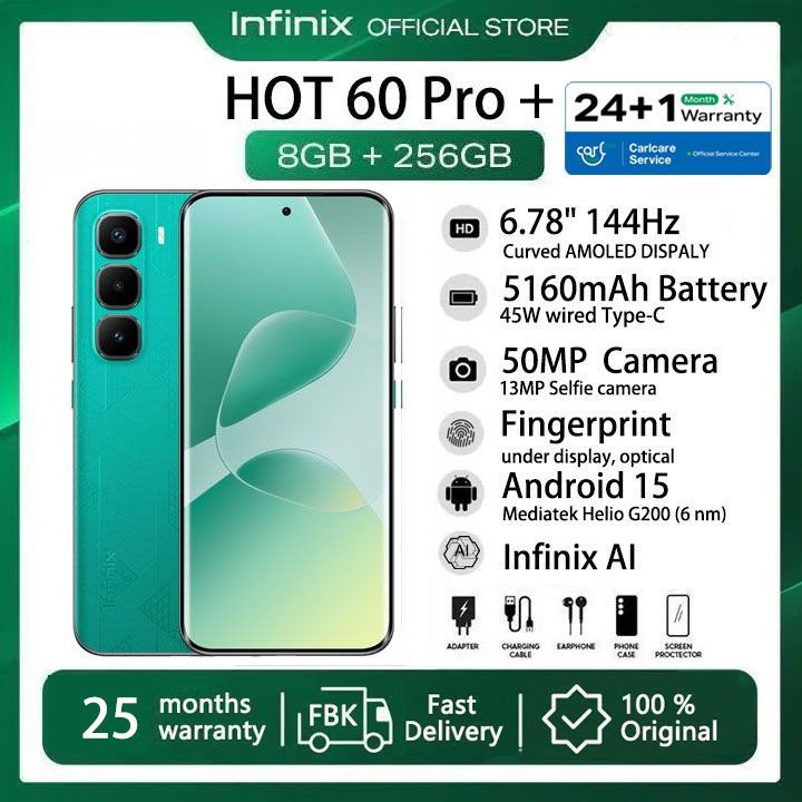 [25-Month Warranty] Infinix Hot 60 Pro Plus 256GB+16(8+8)GB 6.78" 144Hz Curved Screen Dual SIM 4G Slim Phone 45W 5160mAh Battery 50MP Camera IP64 JBL MTK Helio G200 Hot 60 Pro+ Smart AI Phones