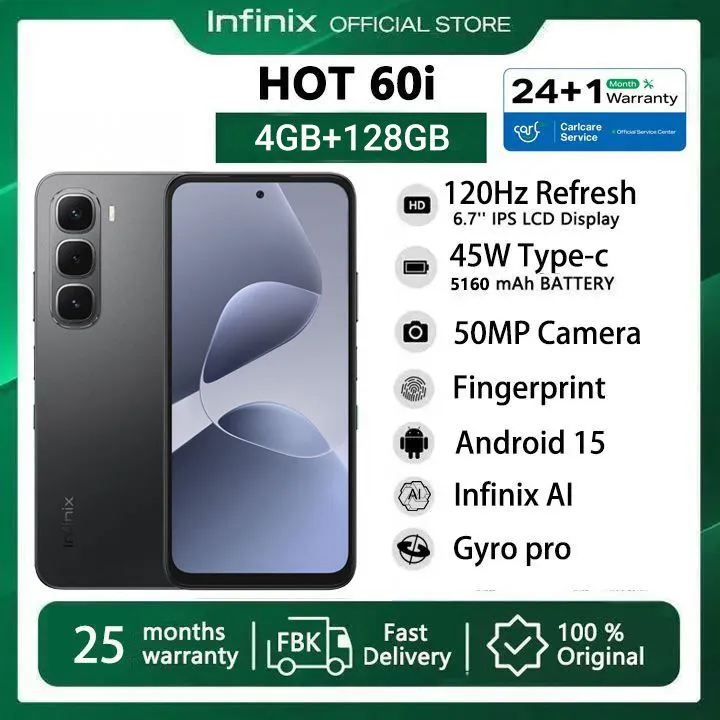 [25-Month Warranty] Infinix Hot 60i 8(4+4)GB RAM+128GB 6.7" 120Hz 4G Slim Phone Dual SIM 5160mAh 45W Fast Charging 50MP Camera IP64 Fingerprint Gyroscope MTK G81 Ultimate One-Tap AI Smart Phones