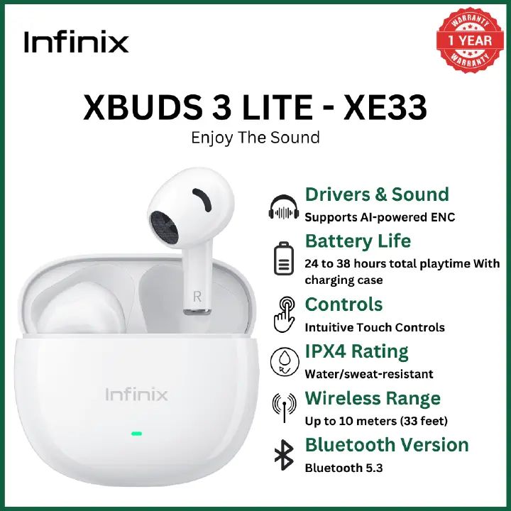 [Black Friday offer] Infinix Buds Xbuds 3 Lite (XE33) - Earbuds Earphones TWS AI ENC Noise Cancellation 24H Playtime Volume Touch Control Bluetooth 5.3 IPX4 long battery life Deep Bass
