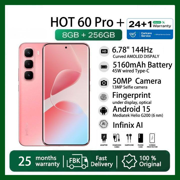 [Christmas Offer] Infinix Hot 60 Pro Plus 256GB+16(8+8)GB 6.78" 144Hz Curved Screen Dual SIM 4G Slim Phone 45W 5160mAh  50MP Camera IP64 JBL Gyroscope MTK Helio G200 Hot 60 Pro+ Smart AI Phones