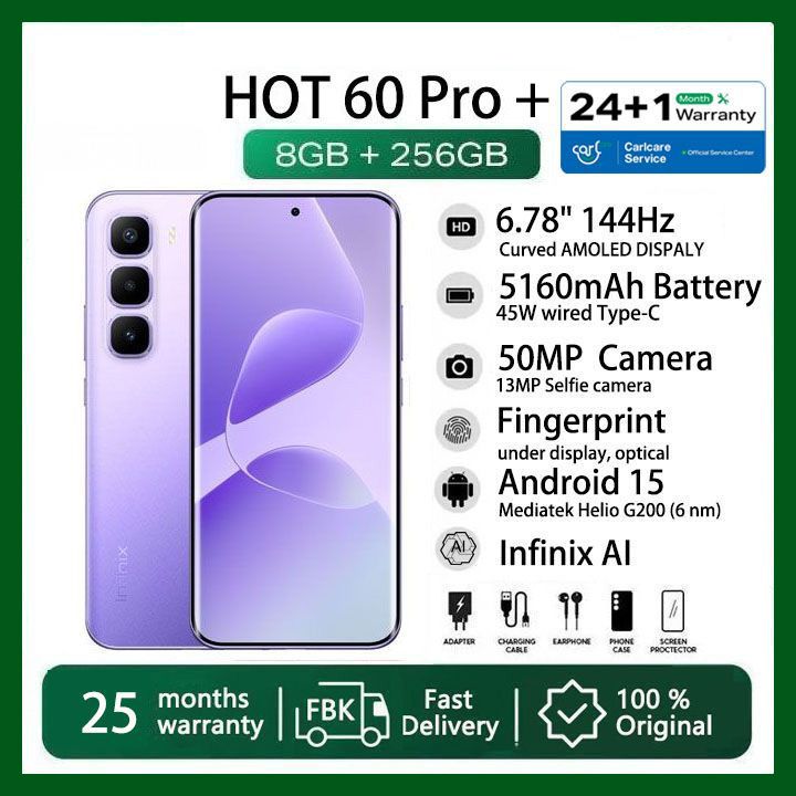 [Christmas Offer] Infinix Hot 60 Pro Plus 256GB+16(8+8)GB 6.78" 144Hz Curved Screen Dual SIM 4G Slim Phone 45W 5160mAh  50MP Camera IP64 JBL Gyroscope MTK Helio G200 Hot 60 Pro+ Smart AI Phones