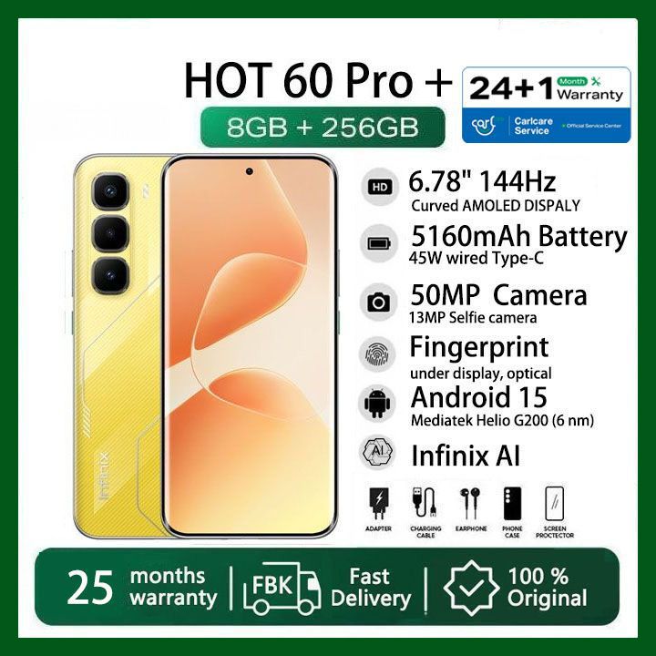 [Christmas Offer] Infinix Hot 60 Pro Plus 256GB+16(8+8)GB 6.78" 144Hz Curved Screen Dual SIM 4G Slim Phone 45W 5160mAh  50MP Camera IP64 JBL Gyroscope MTK Helio G200 Hot 60 Pro+ Smart AI Phones