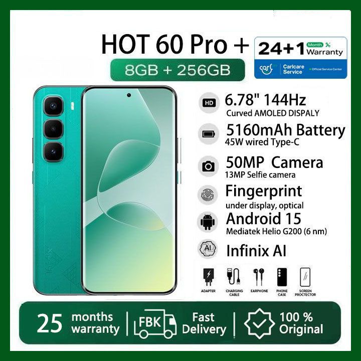 [Christmas Offer] Infinix Hot 60 Pro Plus 256GB+16(8+8)GB 6.78" 144Hz Curved Screen Dual SIM 4G Slim Phone 45W 5160mAh  50MP Camera IP64 JBL Gyroscope MTK Helio G200 Hot 60 Pro+ Smart AI Phones